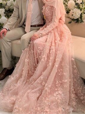 Teuta Matoshi Blush Pink 3D Floral Long Sleeve Gown